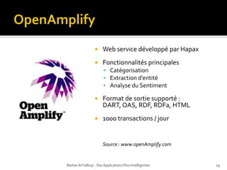 Complexité et maintenanceGate (Not SaaS)Suite logiciel Open Source Existe depuis 15 ans (Java)La suite est composéeUn IDE - GATE Developer4 : Environnement de développement intégré (plusieurs plugins disponible)Une web app - GATE Teamware : Un outil d’annotation (collaboratif) offrant un backendUn framework - GATE Embedded: Librairie orientée objet exposant l’APIan architecture: a high-levelorganisationalpicture of how languageprocessing software compositiona process for the creation of robust and maintainable servicesBashar Al-Fallouji - Des Applications Plus Intelligentes23