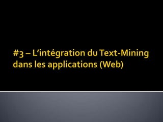 OpenCalaisRachat par Reuters de ClearForest en 2007Reuters a démarré OpenCalais en Janvier 2008Fonctionnalités principalesCatégorisationExtraction d’entité, faits et événementsLangues supportées : Anglais, Français (Espagnol)Quota : 50,000 transactions / jour, 4 transactions par secondeBashar Al-Fallouji - Des Applications Plus Intelligentes26