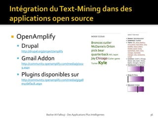 Yahoo Term ExtractionFonctionnalités principalesExtraction d’entité5000 transactions / jour et IP (utilisation non-commerciale)Seule l’anglais est supportéeOutput : JSON / PHPBashar Al-Fallouji - Des Applications Plus Intelligentes30