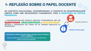 1- REFLEXÃO SOBRE O PAPEL DOCENTE
NO CONTEXTO EDUCACIONAL CONTEMPORÂNEO, O CONCEITO DE DESAPRENDIZAGEM
EMERGE COMO UMA NECESSIDADE FUNDAMENTAL PARA A RENOVAÇÃO DA PRÁTICA
PEDAGÓGICA.
A DESAPRENDIZAGEM NÃO SIGNIFICA ESQUECER CONHECIMENTOS, MAS SIM
QUESTIONAR, DESCONSTRUIR E RECONSTRUIR
MÉTODOS E ABORDAGENS QUE PODEM TER SE TORNADO OBSOLETOS OU
INADEQUADOS.
A VERDADEIRA APRENDIZAGEM COMEÇA QUANDO QUESTIONAMOS O
QUE JÁ SABEMOS
Este processo permite ao educador adaptar-se às demandas
atuais e futuras da educação
Processo contínuo de
reflexão e transformação
 
