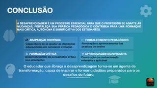 CONCLUSÃO
A DESAPRENDIZAGEM É UM PROCESSO ESSENCIAL PARA QUE O PROFESSOR SE ADAPTE ÀS
MUDANÇAS, FORTALEÇA SUA PRÁTICA PEDAGÓGICA E CONTRIBUA PARA UMA FORMAÇÃO
MAIS CRÍTICA, AUTÔNOMA E SIGNIFICATIVA DOS ESTUDANTES.
ADAPTAÇÃO CONTÍNUA
Capacidade de se ajustar às demandas
educacionais em constante evolução
FORTALECIMENTO PEDAGÓGICO
Renovação e aprimoramento das
práticas de ensino
FORMAÇÃO CRÍTICA
Desenvolvimento do pensamento crítico
nos estudantes
APRENDIZAGEM SIGNIFICATIVA
Construção de conhecimento
relevante e aplicável
O educador que abraça a desaprendizagem torna-se um agente de
transformação, capaz de inspirar e formar cidadãos preparados para os
desafios do futuro.
 