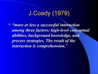J.Coady (1979) “ more or less a successful interaction among three factors: high-level conceptual abilities, background knowledge, and process strategies. The result of the interaction is comprehension. ”  
