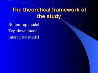 The theoretical framework of the study Bottom-up model   Top-down model   Interactive model   