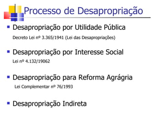 Processo de Desapropriação Desapropriação por Utilidade Pública Decreto Lei nº 3.365/1941 (Lei das Desapropriações) Desapropriação por Interesse Social Lei nº 4.132/19062 Desapropriação para Reforma Agrágria Lei Complementar nº 76/1993 Desapropriação Indireta 