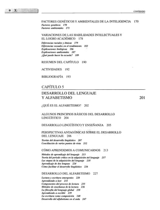CONTENIDO
FACTORES GENÉTICOS Y AMBIENTALES DE LA INTELIGENCIA 170
Factores genéticos 170
Factores ambientales 171
VARIACIONES DE LAS HABILIDADES INTELECTUALES Y
EL LOGRO ACADÉMICO 178
Diferencias raciales y étnicas 179
Diferencias sexuales en el rendimiento 183
Explicaciones biológicas 186
Explicaciones ambientales 187
¿Quépuede hacer la escuela? 189
RESUMEN DEL CAPÍTULO 190
ACTIVIDADES 192
BIBLIOGRAFÍA 193
CAPITULO 5
DESARROLLO DEL LENGUAJE
Y ALFABETISMO
¿QUÉ ES EL ALFABETISMO? 202
ALGUNOS PRINCIPIOS BÁSICOS DEL DESARROLLO
LINGÜÍSTICO 204
DESARROLLO LINGÜÍSTICO Y ENSEÑANZA 205
PERSPECTIVAS ANTAGÓNICAS SOBRE EL DESARROLLO
DEL LENGUAJE 206
Teorías del desarrollo lingüístico 207
Conciliación de varios puntos de vista 212
CÓMO APRENDEMOS A COMUNICARNOS 213
Métodos de aprendizaje del lenguaje 213
Teoría del periodo crítico en la adquisición del lenguaje 217
Las etapas de la adquisición del lenguaje 218
Aprendizaje de dos lenguas 224
Cómo facilitar el desarrollo lingüístico 226
DESARROLLO DEL ALFABETISMO 227
Lectura y escritura emergentes 228
Aprendiendo a leer 233
Componentes del proceso de lectura 235
Métodos de enseñanza de la lectura 236
La filosofía del lenguaje global 238
Aprendiendo a escribir 239
La escritura como composición 240
Desarrollo del alfabetismo en el aula 247
 
