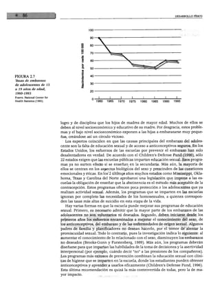 DESARROLLO FÍSICO
FIGURA 2.7
Tusas de embarazo
de adolescentes de 15
a 19 años de edad,
1960-1993
Fuente: National Center for
Health Statistics (1995). 1960 1965 1970 1975 1980 1985 1990 1993
logro y de disciplina que los hijos de madres de mayor edad. Muchos de ellos se
deben al nivel socioeconómico y educativo de su madre. Por desgracia, estos proble
mas y el bajo nivel socioeconómico exponen a las hijas a embarazarse muy peque
ñas, creándose así un círculo vicioso.
Los expertos coinciden en que las causas principales del embarazo del adoles
cente son la falta de educación sexual y de acceso a anticonceptivos seguros. En los
Estados Unidos, los esfuerzos de las escuelas por prevenir el embarazo han sido
desalentadores en verdad. De acuerdo con el Children's Defense Fund (1996), sólo
22 estados exigen que las escuelas públicas impartan educación sexual. Esos progra
mas ya no surten efecto si se enseñan en la secundaria. Más aún, la mayoría de
ellos se centran en los aspectQS biológicos del sexo y prescinden de las cuestiones
emocionales y éticas. En los'2 últíniQS años muchos estados como Mississippi, Okla-
homa, Texas y Carolina del Norte aprobaron una legislación que impone a las es
cuelas la obligación de enseñar que la abstinencia es el método más aceptable de la
contracepción. Estos programas ofrecen poca protección a los adolescentes que ya
realizan actividad sexual. Además, los programas que se imparten en las escuelas
ignoran por completo las necesidades de los homosexuales, a quienes correspon
den las tasas más altas de suicidio en esta etapa de la vida.
Hay varias formas en que la escuela puede mejorar sus programas de educación
sexual. Primero, es necesario admitir que la mayor parte de los embarazos de las
adolescentes no son voluntarios ni deseados. Segundo, deben iniciarse desde los
primeros años los esfuerzos encaminados a mejorar el conocimiento del sexo, de
los anticonceptivos, del embarazo y de las enfermedades de origen sexual. Algunos
padres de familia y planificadores no desean hacerlo, por el temor de alentar la
promiscuidad sexual. Todo lo contrario, pues la investigación indica lo siguiente: al
aumentar el conocimiento de lo relacionado con el sexo, disminuyen los embarazos
no deseados (Brooks-Gunn y Furstenberg, 1989). Más aún, los programas deberán
diseñarse para que impartan las habilidades de la toma de decisiones y la asertividad
interpersonal (por ejemplo, cuándo decir "no" a las presiones de los compañeros).
Los programas más exitosos de prevención combinan la educación sexual con clíni
cas de higiene que se imparten en la escuela, donde los estudiantes pueden obtener
anticonceptivos y aprender a usarlos eficazmente (Children's Defense Fund, 1996).
Esta última recomendación es quizá la más controvertida de todas, pero la de ma
yor impacto.
 