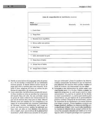 DESARROLLO FÍSICO
Lista de comprobación de habilidades motoras
Edad
Habilidad. Mostrada No mostrada
1. Corre bien
2.
3.
4.
5.
6.
7.
8.
9.
10.
Trepa bien
Muestra buen equilibrio
Brinca sobre una pierna
Salta bien
Galopa
Sube alternando los pies
Patea bien el balón
Arroja bien el balón
Atrapa bien el balón
2. Diseñe un área exterior de juego para niños de prima
ria a fin de facilitar el desarrollo de las habilidades
motoras gruesas. El diseño deberá incluir equipo de
juego para ellos y también para otros mayores. Al di
señar el área, asegúrese de tener en cuenta los pro
blemas de seguridad y de supervisión.
3. Como usted sabe, las definiciones sociales del atracti
vo físico inciden en cómo se perciben las variaciones
del tamaño físico del niño. En esta actividad, escoja
un grupo de edad y observe las interacciones de los
que son de estatura alta o baja para su edad. Observe
además cómo son tratados por sus compañeros y los
rasgos de la personalidad que muestran (habilidades
de liderazgo, timidez, impulsividad, etc.) Luego de
reunir sus observaciones, analice los patrones que
haya visto. ¿Se daba un trato distinto a los alumnos
altos y bajos? ¿Qué características de la personalidad
mostraban? ¿Hubo diferencias sexuales en los patro
nes que contempló? ¿Cómo le ayudaron las observa
ciones a comprender las formas en que los estereoti
pos culturales del atractivo físico pueden moldear el
modo de evaluar y de relacionarse con los niños?
Entreviste a tres adolescentes de ambos sexos cuya
edad fluctúe entre 13 y 16 años. Pídales contestar las
siguientes preguntas: a) ¿cuál es para usted su mejor
característica?, lo) ¿cuál es, en opinión de los demás,
su mejor característica?, c) ¿cuál es para usted su peor
característica?, d) ¿qué aspecto de su personalidad le
gustaría cambiar? Después de las entrevistas, analice
las respuestas de los estudiantes a los temas relativos
a su imagen corporal. ¿Tienen hombres y mujeres una
imagen positiva? ¿Reflejan las respuestas de ellas pre
ocupación por el peso? ¿Qué inquietudes manifiestan
los varones en relación con su cuerpo? ¿Cómo se rela
cionan los resultados obtenidos por usted con la inves
tigación sobre el impacto psicológico de la pubertad?
 