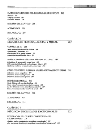CONTENIDO
FACTORES CULTURALES DEL DESARROLLO LINGÜÍSTICO 249
Dialectos 250
Lenguaje y cultura 252
Educación bilingüe 254
RESUMEN DEL CAPÍTULO 256
ACTIVIDADES 258
BIBLIOGRAFÍA 259
CAPITULO 6
DESARROLLO PERSONAL, SOCIAL Y MORAL
CONOZCA EL YO 268
Teoría del desarrollo personal de Erikson 268
Autoconcepto y autoestima 271
Concepciones de los papeles sexuales 276
Adquisición de una identidad étnica 281
DESARROLLO DE LA MOTIVACIÓN PARA EL LOGRO 285
Definiciones de la motivación para el logro 285
Diferencias individuales en la motivación para el logro 291
Tendencias evolutivas en la motivación para el logro 294
CÓMO CONOCEMOS A OTROS Y NOS RELACIONAMOS CON ELLOS 295
Relaciones con los compañeros 297
Desarrollo de la conducta prosocial 299
Desarrollo de la conducta agresiva 300
DESARROLLO MORAL 306
Teoría del desarrollo moral de Kohlberg 306
Nexos entre el razonamiento moral y ¡a conducta 308
La ética del interés por los demás frente a la justicia 309
Cómo crear una comunidad moral en la escuela 309
RESUMEN DEL CAPÍTULO 311
ACTIVIDADES 313
BIBLIOGRAFÍA 314
CAPÍTULO 7
NIÑOS CON NECESIDADES EXCEPCIONALES
INTEGRACIÓN DE LOS NIÑOS CON NECESIDADES
EXCEPCIONALES 326
¿Quiénes son los estudiantes con necesidades excepcionales? 327
¿Por qué integrar los niños con necesidades excepcionales al aula general? 330
 