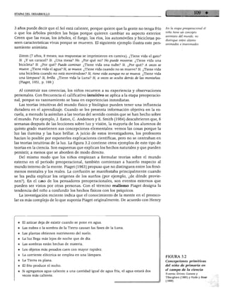 ETAPAS DEL DESARROLLO
3 años puede decir que el Sol está caliente, porque quiere que la gente no tenga frío En la etapa preopemcional el
o que los árboles pierden las hojas porque quieren cambiar su aspecto exterior. nmo tiene un concePto
Creen que las rocas, los árboles, el fuego, los ríos, los automóviles y bicicletas po- ~sta M muvf°> n0. ° ' J * distingue entre objetos
seen características vivas porque se mueven. El siguiente ejemplo ilustra este pen- animados e inanimados.
samiento animista:
Zimm (7 años, 9 meses; sus respuestas se imprimieron en cursiva). ¿Tiene vida el gato?
Sí. ¿Y un caracol? Sí. ¿Una mesa? No. ¿Por qué no? No puede moverse. ¿Tiene vida una
bicicleta? Sí. ¿Por qué? Puede caminar. ¿Tiene vida una nube? Sí. ¿Por qué? A veces se
mueve. ¿Tiene vida el agua? Sí, se mueve. ¿Tiene vida cuando no se mueve? Sí. ¿Tiene vida
una bicicleta cuando no está moviéndose? Sí, tiene vida aunque no se mueva. ¿Tiene vida
una lámpara? Sí, brilla. ¿Tiene vida la Luna? Sí, a veces se oculta detrás de las montañas.
(Piaget, 1951, p. 199.)
Al construir sus creencias, los niños recurren a su experiencia y observaciones
personales. Con frecuencia el calificativo intuitivo se aplica a la etapa preoperacio-
nal, porque su razonamiento se basa en experiencias inmediatas.
Las teorías intuitivas del mundo físico y biológico pueden tener una influencia
duradera en el aprendizaje. Cuando se les presenta información objetiva en la es
cuela, a menudo la asimilan a las teorías del sentido común que se han hecho sobre
el mundo. Por ejemplo, J. Eaton, C. Anderson y E. Smith (1984) descubrieron que, 6
semanas después de las lecciones sobre luz y visión, la mayoría de los alumnos de
quinto grado mantienen sus concepciones elementales: vemos las cosas porque la
luz las ilumina y las hace brillar. A juicio de estos investigadores, los profesores
hacían lo posible por exponerles explicaciones científicas, pero no se centraban en
las teorías intuitivas de la luz. La figura 3.2 contiene otros ejemplos de este tipo de
teorías en la ciencia. Son esquemas que explican los hechos naturales y que pueden
persistir, a menos que se aborden de modo directo.
Del mismo modo que los niños empiezan a formular teorías sobre el mundo
externo en el periodo preoperacional, también comienzan a hacerlo respecto al
mundo interno de la mente. Piaget (1963) propuso que no distinguen entre los fenó
menos mentales y los reales. La confusión se manifestaba principalmente cuando
se les pedía explicar los orígenes de los sueños (por ejemplo, ¿de dónde provie
nen?). En el caso de los pensadores preoperacionales, son eventos externos que
pueden ser vistos por otras personas. Con el término realismo Piaget designa la
tendencia del niño a confundir los hechos físicos con los psíquicos.
La investigación reciente indica que el conocimiento de la mente en el preesco-
lar es más complejo de lo que suponía Piaget originalmente. De acuerdo con Henry
♦ El azúcar deja de existir cuando se pone en agua.
♦ Las nubes o la sombra de la Tierra causan las fases de la Luna.
♦ Las plantas obtienen nutrimento del suelo.
♦ La luz llega más lejos de noche que de día.
♦ Las sombras están hechas de materia.
♦ Los objetos más pesados caen con mayor rapidez.
♦ La Tierra es plana.
♦ El frío produce el moho.
♦ Si agregamos agua caliente a una cantidad igual de agua fría, el agua estará dos
veces más caliente.
FIGURA 3.2
Concepciones primitivas
del niño de primaria en
el campo de la ciencia
Fuentes: Driver, Guesne y
Tiberghien (1985) y Hyde y Bizar
(1989).
 