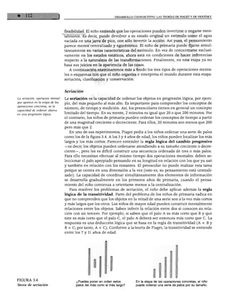DESARROLLO COGNOSCITIVO: LAS TEORÍAS DE PIAGET Y DE VIGOTSKY
flexibilidad. El niño entiende que las operaciones pueden invertirse o negarse men
talmente. Es decir, puede devolver a su estado original un estímulo como el agua
vaciada en una jarra de pico, con sólo invertir la acción. Así pues, el pensamiento
parece menos centralizado y egocéntrico. El niño de primaria puede fijarse simul
táneamente en varias características del estímulo. En vez de concentrarse exclusi
vamente en los estados estáticos, ahora está en condiciones de hacer inferencias
respecto a la naturaleza de las transformaciones. Finalmente, en esta etapa ya no
basa sus juicios en la apariencia de las cosas.
A continuación examinaremos más a fondo los tres tipos de operaciones menta
les o esquemas con que el niño organiza e interpreta el mundo durante esta etapa:
seriación, clasificación y conservación.
La seriación, operación mental
que aparece en la etapa de las
operaciones concretas, es la
capacidad de ordenar objetos
en una progresión lógica.
Seriación
La seriación es la capacidad de ordenar los objetos en progresión lógica; por ejem
plo, del más pequeño al más alto. Es importante para comprender los conceptos de
número, de tiempo y medición. Así, los preescolares tienen en general un concepto
limitado del tiempo. En su mente, 2 minutos es igual que 20 o que 200 minutos. Por
el contrario, los niños de primaria pueden ordenar los conceptos de tiempo a partir
de una magnitud creciente o decreciente. Para ellos, 20 minutos son menos que 200
pero más que 2.
En uno de sus experimentos, Piaget pedía a los niños ordenar una serie de palos
como los de la figura 3.4. A los 3 y 4 años de edad, los niños pueden localizar los más
largos y los más cortos. Parecen entender la regla lógica del cambio progresivo
—es decir, los objetos pueden ordenarse atendiendo a su tamaño creciente o decre
ciente—, pero les es difícil construir una secuencia ordenada de tres o más palos.
Para ello necesitan efectuar al mismo tiempo dos operaciones mentales: deben se
leccionar el palo apropiado pensando en su longitud en relación con los que ya usó
y también en relación con los restantes. El preescolar no puede realizar esta tarea
porque se centra en una dimensión a la vez (esto es, su pensamiento está centrali
zado). La capacidad de coordinar simultáneamente dos elementos de información
se desarrolla gradualmente en los primeros años de primaria, cuando el pensa
miento del niño comienza a orientarse menos a la centralización.
Para resolver los problemas de seriación, el niño debe aplicar además la regla
lógica de la transitividad. Parte del problema de los niños de primaria radica en
que no comprenden que los objetos en la mitad de una serie son a la vez más cortos
y más largos que los otros. Los niños de mayor edad pueden construir mentalmente
relaciones entre los objetos. Saben inferir la relación entre dos si conocen su rela
ción con un tercero. Por ejemplo, si saben que el palo A es más corto que B y que
éste es más corto que el palo C, el palo A deberá ser entonces más corto que C. La
respuesta es una deducción lógica que se basa en la regla de transitividad (A < B y
B < C; por tanto, A < C). Conforme a la teoría de Piaget, la transitividad se entiende
entre los 7 y 11 años de edad.
FIGURA 3.4
TUrea de seriación
¿Puedes poner en orden estos
palos del más corto al más largo?
En la etapa de las operaciones concretas, el niño
puede ordenar una serie de palos por su tamaño.
 