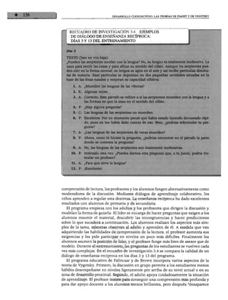 DESARROLLO COGNOSCITIVO: LAS TEORÍAS DE PIAGET Y DE VIGOTSKY
RECUADRO DE INVESTIGACIÓN 3.4 EJEMPLOS
DE DIÁLOGO DE ENSEÑANZA RECÍPROCA:
DÍAS 3 Y 13 DEL ENTRENAMIENTO
O (leer en voz baja):
va las serpientes morder con la lengua? No, su lengua es totalmente inofensiva. La
iara sentir las cosas y para afinar su sentido del olfato. Aunque las serpientes pue-
er en la forma normal, su lengua se agita en el aire y así recibe partículas diminu-
• de materia. Esas partículas se depositan en dos pequeñas cavidades situadas en la
fias fosas nasales y mejoran su capacidad olfativa.
A: ¿Muerden las lenguas de las víboras?
2. K: Algunas veces.
3. A: Correcto. Este párrafo se refiere a si las serpientes muerden con la lengua y a
tías formas en que la usan en el sentido del olfato.
P: ¿Hay alguna pregunta?
C: Las lenguas de las serpientes no muerden.
6. P: Excelente. Por un momento pensé que había estado leyendo demasiado rápi
do, pues no me había dado cuenta de eso. Bien, ¿podrías reformular tu pre
gunta?
7. A: ¿Las lenguas de las serpientes de veras muerden?
8. P: Ahora, como tú hiciste la pregunta, ¿podrías encontrar en el párrafo la parte
donde se contesta la pregunta?
9. A: No, las lenguas de las serpientes son totalmente inofensivas.
10. P: Inténtalo otra vez. ¿Puedes darnos otra pregunta que, a tu juicio, podría for
mular un profesor?
11. A: ¿Para que sirve la lengua?
12. P: ¡Excelente!
comprensión de lectura, los profesores y los alumnos fungen alternativamente como
moderadores de la discusión. Mediante diálogos de aprendizaje colaborativo, los
niños aprenden a regular esta destreza. La enseñanza recíproca ha dado excelentes
resultados con alumnos de primaria y de secundaria.
El programa empieza con los adultos y los profesores que dirigen la discusión y
modelan la forma de guiarla. El líder se encarga de hacer preguntas que exigen a los
alumnos resumir el material, descubrir las incongruencias y hacer predicciones
sobre lo que sucederá a continuación. Los alumnos realizan los aspectos más sim
ples de la tarea, mientras observan al adulto y aprenden de él. A medida que van
adquiriendo las habilidades de comprensión de la lectura, el profesor aumenta sus
exigencias y les pide participar en niveles un poco más difíciles. Finalmente los
alumnos asumen la posición de líder, y el profesor funge más bien de asesor que de
modelo. Durante el entrenamiento, las preguntas de los estudiantes se vuelven cada
vez más complejas. En el recuadro de investigación 3.4 se compara la calidad de un
diálogo de enseñanza recíproca en los días 3 y 13 del programa.
El programa educativo de Palincsar y de Brown incorpora varios aspectos de la
teoría de Vygotsky. Primero, la discusión en grupo permite a los estudiantes menos
hábiles desempeñarse en niveles ligeramente por arriba de su nivel actual o en su
zona de desarrollo proximal. Segundo, el adulto apoya cuidadosamente la situación
de aprendizaje. El profesor insiste para conseguir una comprensión más profunda y
para dar apoyo docente a los alumnos menos brillantes, pero después "desaparece
 