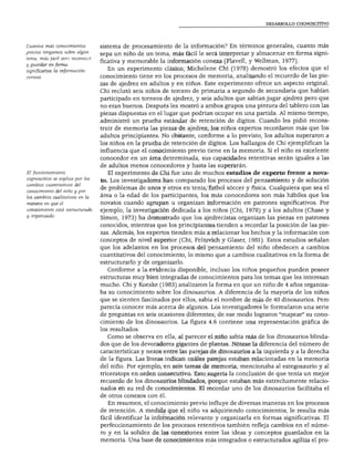 DESARROLLO COGNOSCITIVO
Cuantos más conocimientos
previos tengamos sobre algún
tema, más fácil será reconocer
y guardar en forma
significativa la información
El funcionamiento
cognoscitivo se explica por los
cambios cuantitativos del
conocimiento del niño y por
los cambios cualitativos en la
manera en que el
conocimiento está estructurado
y organizado.
sistema de procesamiento de la información? En términos generales, cuanto más
sepa un niño de un tema, más fácil le será interpretar y almacenar en forma signi
ficativa y memorable la información conexa (Flavell, y Wellman, 1977).
En un experimento clásico, Michelene Chi (1978) demostró los efectos que el
conocimiento tiene en los procesos de memoria, analizando el recuerdo de las pie
zas de ajedrez en adultos y en niños. Este experimento ofrece un aspecto original.
Chi reclutó seis niños de tercero de primaria a segundo de secundaria que habían
participado en torneos de ajedrez, y seis adultos que sabían jugar ajedrez pero que
no eran buenos. Después les mostró a ambos grupos una pintura del tablero con las
piezas dispuestas en el lugar que podrían ocupar en una partida. Al mismo tiempo,
administró un prueba estándar de retención de dígitos. Cuando les pidió recons
truir de memoria las piezas de ajedrez, los niños expertos recordaron más que los
adultos principiantes. No obstante, conforme a lo previsto, los adultos superaron a
los niños en la prueba de retención de dígitos. Los hallazgos de Chi ejemplifican la
influencia que el conocimiento previo tiene en la memoria. Si el niño es excelente
conocedor en un área determinada, sus capacidades retentivas serán iguales a las
de adultos menos conocedores y hasta las superarán.
El experimento de Chi fue uno de muchos estudios de experto frente a nova
to. Los investigadores han comparado los procesos del pensamiento y de solución
de problemas de unos y otros en tenis, fútbol sóccer y física. Cualquiera que sea el
área o la edad de los participantes, los más conocedores son más hábiles que los
novatos cuando agrupan u organizan información en patrones significativos. Por
ejemplo, la investigación dedicada a los niños (Chi, 1978) y a los adultos (Chase y
Simón, 1973) ha demostrado que los ajedrecistas organizan las piezas en patrones
conocidos, mientras que los principiantes tienden a recordar la posición de las pie
zas. Además, los expertos tienden más a relacionar los hechos y la información con
conceptos de nivel superior (Chi, Feltovich y Glaser, 1981). Estos estudios señalan
que los adelantos en los procesos del pensamiento del niño obedecen a cambios
cuantitativos del conocimiento, lo mismo que a cambios cualitativos en la forma de
estructurarlo y de organizado.
Conforme a la evidencia disponible, incluso los niños pequeños pueden poseer
estructuras muy bien integradas de conocimientos para los temas que les interesan
mucho. Chi y Koeske (1983) analizaron la forma en que un niño de 4 años organiza
ba su conocimiento sobre los dinosaurios. A diferencia de la mayoría de los niños
que se sienten fascinados por ellos, sabía el nombre de más de 40 dinosaurios. Pero
parecía conocer más acerca de algunos. Los investigadores le formularon una serie
de preguntas en seis ocasiones diferentes; de ese modo lograron "mapear" su cono
cimiento de los dinosaurios. La figura 4.6 contiene una representación gráfica de
los resultados.
Como se observa en ella, al parecer el niño sabía más de los dinosaurios blinda
dos que de los devoradores gigantes de plantas. Nótese la diferencia del número de
características y nexos entre las parejas de dinosaurios a la izquierda y a la derecha
de la figura. Las líneas indican cuáles parejas estaban relacionadas en la memoria
del niño. Por ejemplo, en seis tareas de memoria, mencionaba al estegosaurio y al
triceratops en orden consecutivo. Esto sugería la conclusión de que tenía un mejor
recuerdo de los dinosaurios blindados, porque estaban más estrechamente relacio
nados en su red de conocimientos. El recordar uno de los dinosaurios facilitaba el
de otros conexos con él.
En resumen, el conocimiento previo influye de diversas maneras en los procesos
de retención. A medida que el niño va adquiriendo conocimientos, le resulta más
fácil identificar la información relevante y organizaría en formas significativas. El
perfeccionamiento de los procesos retentivos también refleja cambios en el núme
ro y en la solidez de las conexiones entre las ideas y conceptos guardados en la
memoria. Uñábase de conocimientos más integrados o estructurados agiliza el pro-
 