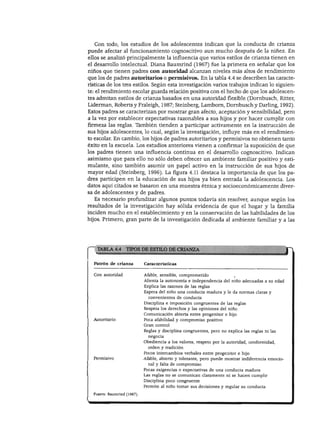 DESARROLLO COGNOSCITIVO
Con todo, los estudios de los adolescentes indican que la conducta de crianza
puede afectar al funcionamiento cognoscitivo aun mucho después de la niñez. En
ellos se analizó principalmente la influencia que varios estilos de crianza tienen en
el desarrollo intelectual. Diana Baumrind (1967) fue la primera en señalar que los
niños que tienen padres con autoridad alcanzan niveles más altos de rendimiento
que los de padres autoritarios o permisivos. En la tabla 4.4 se describen las caracte
rísticas de los tres estilos. Según esta investigación varios trabajos indican lo siguien
te: el rendimiento escolar guarda relación positiva con el hecho de que los adolescen
tes admitan estilos de crianza basados en una autoridad flexible (Dornbusch, Ritter,
Liderman, Roberts y Fraleigh, 1987; Steinberg, Lamborn, Dornbusch y Darling, 1992).
Estos padres se caracterizan por mostrar gran afecto, aceptación y sensibilidad, pero
a la vez por establecer expectativas razonables a sus hijos y por hacer cumplir con
firmeza las reglas. También tienden a participar activamente en la instrucción de
sus hijos adolescentes, lo cual, según la investigación, influye más en el rendimien
to escolar. En cambio, los hijos de padres autoritarios y permisivos no obtienen tanto
éxito en la escuela. Los estudios anteriores vienen a confirmar la suposición de que
los padres tienen una influencia continua en el desarrollo cognoscitivo. Indican
asimismo que para ello no sólo deben ofrecer un ambiente familiar positivo y esti
mulante, sino también asumir un papel activo en la instrucción de sus hijos de
mayor edad (Steinberg, 1996). La figura 4.11 destaca la importancia de que los pa
dres participen en la educación de sus hijos ya bien entrada la adolescencia. Los
datos aquí citados se basaron en una muestra étnica y socioeconómicamente diver
sa de adolescentes y de padres.
Es necesario profundizar algunos puntos todavía sin resolver, aunque según los
resultados de la investigación hay sólida evidencia de que el hogar y la familia
inciden mucho en el establecimiento y en la conservación de las habilidades de los
hijos. Primero, gran parte de la investigación dedicada al ambiente familiar y a las
DE ESTILO DE CRL
Patrón de crianza Características
Con autoridad
Autoritario
Permisivo
Afable, sensible, comprometido
Alienta la autonomía e independencia del niño adecuadas a su edad
Explica las razones de las reglas
Espera del niño una conducta madura y le da normas claras y
convenientes de conducta
Disciplina e imposición congruentes de las reglas
Respeta los derechos y las opiniones del niño
Comunicación abierta entre progenitor e hijo
Poca afabilidad y compromiso positivo
Gran control
Reglas y disciplina congruentes, pero no explica las reglas ni las
negocia
Obediencia a los valores, respeto por la autoridad, conformidad,
orden y tradición
Pocos intercambios verbales entre progenitor e hijo
Afable, abierto y tolerante, pero puede mostrar indiferencia emocio
nal y falta de compromiso
Pocas exigencias o expectativas de una conducta madura
Las reglas no se comunican claramente ni se hacen cumplir
Disciplina poco congruente
Permite al niño tomar sus decisiones y regular su conducta
Fuente: Baumrind (1967).
 