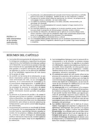 DESARROLLO COGNOSCITIVO
FIGURA 4.14
Ocho características
de las escuelas
multiculturales
Fuente: Banks (1994).
1. El profesorado y los administradores de la escuela tienen buenas expectativas y actitudes
positivas hacia todos los estudiantes. También les dan un trato respetuoso y amistoso.
!. El programa de estudios oficial refleja las experiencias, las culturas y las perspectivas de
varios grupos étnicos y culturales, así como ambos sexos.
3. Los estilos de enseñanza corresponden a los estilos culturales, motivacionales y de
aprendizaje del alumnado.
4. El profesorado y los administradores de la escuela respetan la lengua materna de los
alumnos y sus dialectos.
i. Los materiales didácticos que se emplean en la escuela muestran sucesos, situaciones y
conceptos desde la perspectiva de diversos grupos culturales, raciales y étnicos.
6. Los métodos de evaluación y de exámenes que se aplican en la escuela reflejan varios
valores culturales y hacen que los estudiantes negros estén representados proporcional-
mente en los grupos formados por los talentosos y los sobredotados.
'. La cultura escolar refleja la diversidad étnica y cultural.
8. Los orientadores tienen grandes expectativas con los estudiantes provenientes de varios
grupos raciales, étnicos y lingüísticos, además de que les ayudan a fijar metas realistas y
a cumplirlas.
RESUMEN DEL CAPITULO
1. Las teorías del procesamiento de información y las de
la inteligencia contribuyen a especificar los procesos
cognoscitivos y las habilidades mentales que cambian
con el desarrollo. Las primeras se centran en los cam
bios evolutivos de las capacidades del niño para codi
ficar, guardar y recuperar información; por su parte,
las segundas se centran en las diferencias individua
les de las habilidades cognoscitivas del niño dentro
de los grupos de edad.
'■. De acuerdo con las teorías de la información, se pro
ducen importantes cambios evolutivos en los pro
cesos atencionales del niño, en sus estrategias de
memoria, en el conocimiento de contenidos y en
el conocimiento megacognoscitivo. A medida que el
niño madura, usa más selectiva y eficientemente
las estrategias de memoria, de atención y de apren
dizaje. Puede, pues, recordar cantidades más gran
des de información durante periodos más prolon
gados.
3. La atención es el proceso de percibir o de extraer lo
relevante para la tarea en cuestión. A medida que los
niños se desarrollan, van adquiriendo la capacidad de
efectuar discriminaciones finas entre los objetos de la
estimulación, para utilizar su atención selectiva y es
tratégicamente y para ejercer control sobre los proce
sos atencionales.
4. Los procesos de la memoria se manifiestan al iniciar
se el desarrollo. En la etapa preescolar, el niño puede
recordar historias, experiencias, rutinas y sucesos co
nocidos. En los primeros y últimos años de la prima
ria, comienza a aplicar estrategias de memoria para
codificar información desconocida. Primero aparecen
las estrategias de repaso, luego las de organización y
de elaboración.
Los investigadores distinguen entre la memoria de re
conocimiento y la de recuerdo. La primera consiste
en reconocer un estímulo y la segunda en recordarlo
sin información, sugerencias ni pistas que faciliten su
evocación. Con el desarrollo, los niños pueden recor
dar información con menos sugerencias o señales.
También buscan en su memoria de una manera más
sistemática, selectiva y estratégica.
El conocimiento actual del niño puede influir en los
procesos de la atención y de la memoria. Los estudios
con expertos y con novatos indican que una base de
conocimientos muy integrados producen un procesa
miento más rápido de la información, un uso más efi
ciente de las estrategias de codificación y un uso más
adecuado de los recursos cognoscitivos.
La metacogmcion es el conocimiento y la compren
sión que el niño tiene de sus procesos del pensamien
to. Conforme se desarrolla, llega a entender mejor que
lo que puede recordar tiene límites, que algunos pro
cesos de aprendizaje requieren mayor esfuerzo cog
noscitivo y que ciertas estrategias pueden facilitar el
recuerdo de la información. Los niños se valen de este
conocimiento para seleccionar mejores estrategias de
memoria y de aprendizaje.
Los cambios relacionados con la edad en el conoci
miento megacognoscitivo facilitan la adquisición del
aprendizaje autorregulado. Éste permite a los sujetos
planear, organizar, vigilar y evaluar sus actividades
de aprendizaje. La evidencia indica que el niño mues
tra un notable aumento en el uso de este tipo de es
trategias entre quinto de primaria y segundo de se
cundaria. Sin embargo, las estrategias de estudio como
la comprensión y el monitoreo siguen aprendiéndose
hasta bien entrada la adolescencia.
 