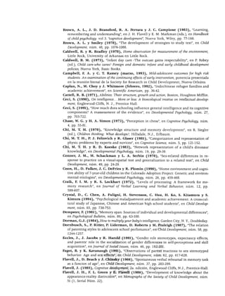 DESARROLLO COGNOSCITIVO
Brown, A. L., J. D. Bransford, R. A. Ferrara y J. C. Campione (1983), "Learning,
remembering and understanding", en J. H. Flavell y E. M. Markman (eds.), en Handbook
of child psychohgy: vol 3. "cognitive development", Nueva York, Wiley, pp. 77-166.
Brown, A. L. y Smiley (1978), "The development of strategies to study text", en Child
Development, núm. 48, pp. 1076-1088.
Caldwell, B. y R. Bradley (1978), Home observation for measurement of the environment,
Little Rock, University of Arkansas en Little Rock.
Caldwell, B. M. (1973), "Infant day care -The outcast gains respectability", en P. Robey
(ed.), Chüd care-who cares? Foreign and domestic infant and early chüdhood development
policies, Nueva York, Basic Books.
Campbell, F. A. y C. T. Ramey (marzo, 1993), Mild-adolescent outcomes for high risk
students: An examination ofthe continuing effects of early intervention, ponencia presentada
en la reunión bienal de la Society for Research in Child Development, Nueva Orleáns.
Caplan, N., M. Choy y J. Whitmore (febrero, 1992), "Indochinese refugee families and
academic achievement", en Scientific American, pp. 36-42.
Cattell, R. B. (1971), Abilities: Their structure, growth and action, Bostón, Houghton Mifflin.
Ceci, S. (1990), On intelligence... More or less: A bioecological treatise on intellectual develop
ment, Englewood Cliffs, N. J., Prentice Hall.
Ceci, S. (1991), "How much does schooling influence general intelligence and its cognitive
components? A reassessment of the evidence", en Developmental Psychohgy, núm. 27,
pp. 703-722.
Chase, W. G. y H. A. Simón (1973), "Perception in chess", en Cognitive Psychohgy, núm.
4, pp. 55-81.
Chi, M. T. H. (1978), "Knowledge structure and memory development", en R. Siegler
(ed.), Chüdren thinking: What devehps?, Hillsdale, N.J., Erlbaum.
Chi, M. T. H., P. J. Feltovich y R. Glaser (1981), "Categorization and representation of
physic problems by experts and novices", en Cognitive Science, núm. 5, pp. 121-152.
Chi, M. T. H. y R. D. Koeske (1983), "Network representation of a child's dinosaur
knowledge", en Developmental Psychohgy, núm. 19, pp. 29-39.
Conner, J. M., M. Schackman y L. A. Serbin (1978), "Sex-related differences in re-
sponse to practice on a visual-spatial test and generalization to a related test", en Child
Development, núm. 49, pp. 24-29.
Coon, H., D. Fulker, J. C. DeFries y R. Plomin (1990), "Home environment and cogni
tive ability of 7-year-old chüdren in the Colorado Adoption Project: Genetic and environ-
mental etiologies", en Developmental Psychohgy, núm. 26, pp. 459-468.
Craik, F. I. M. y R. S. Lockhart (1972), "Levéis of processing: A framework for me
mory research", en Journal of Verbal Learning and Verbal Behavior, núm. 12, pp.
599-607.
Crystal, D., C. Chen, A. Fuligni, H. Stevenson, C. Hsu, H. Ko, S. Kitamura y S.
Kimura (1994), "Psychological maladjustment and academic achievement: A cross-cul-
tural study of Japanese, Chinese and American high school students", en Chüd Develop
ment, núm. 65, pp. 738-753.
Dempster, F. (1981), "Memory span: Sources of individual and developmental differences",
en Psychological Bulletin, núm. 89, pp. 63-100.
Dormán, G.J. (1984), How to multiply your baby's intelligence, Garden City, N. Y., Doubleday.
Dornbusch, S., P. Ritter, P. Liderman, D. Roberts y M. Fraleigh (1987), "The relation
ofpatenting styles to adolescent school perfomance", en Child Development, núm. 58, pp.
1244-1257.
Eccles, J., J. Jacobs y R. Harold (1991), "Gender role stereotypes, expectancy effects,
and parents' role in the socialization of gender differences in self-perceptions and skill
acquisition", en Journal of Social Issues, núm. 46, pp. 182-201.
Fagot, B. y K. Kavanaugh (1991), "Observations of parent reactions to sex stereotyped
behavior: Age and sex effects", en Child Development, núm. 62, pp. 617-628.
Flavell, J., D. Beach y J. Chinsky (1966), "Spontaneous verbal rehearsal in memory task
as a función of age", en Child Development, núm. 37, pp. 283-299.
Flavell, J. (1985), Cognitive development, 2a. edición, Englewood Cliffs, N.J., Prentice-Hall.
Flavell, J. H., F. L. Green y E. Flavell (1986), "Development of knowledge about the
appearance-reality distinction", en Monographs ofthe Society of Chüd Development, núm.
51 (1, Serial Núm. 22).
 