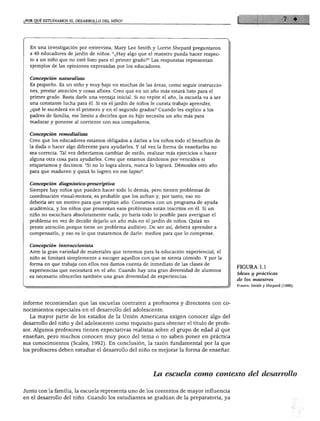 ¿POR QUE ESTUDIAMOS EL DESARROLLO DEL NIÑO?
En una investigación por entrevista, Mary Lee Smith y Lorrie Shepard preguntaron
a 40 educadores de jardín de niños: "¿Hay algo que el maestro pueda hacer respec
to a un niño que no esté listo para el primer grado?" Las respuestas representan
ejemplos de las opiniones expresadas por los educadores.
Concepción naturalista
Es pequeño. Es un niño y muy bajo en muchas de las áreas, como seguir instruccio
nes, prestar atención y cosas afines. Creo que en un año más estará listo para el
primer grado. Basta darle una ventaja inicial. Si no repite el año, la escuela va a ser
una constante lucha para él. Si en el jardín de niños le cuesta trabajo aprender,
¿qué le sucederá en el primero y en el segundo grados? Cuando les explico a los
padres de familia, me limito a decirles que su hijo necesita un año más para
madurar y ponerse al corriente con sus compañeros.
Concepción remediali&ta
Creo que los educadores estamos obligados a darles a los niños todo el beneficio de
la duda o hacer algo diferente para ayudarles. Y tal vez la forma de enseñarles no
sea correcta. Tal vez deberíamos cambiar de estilo, realizar más ejercicios o hacer
alguna otra cosa para ayudarles. Creo que estamos dándonos por vencidos si
etiquetamos y decimos: "Si no lo logra ahora, nunca lo logrará. Démosles otro año
para que maduren y quizá lo logren en ese lapso".
Concepción diagnóstico-prescriptiva
Siempre hay niños que pueden hacer todo lo demás, pero tienen problemas de
coordinación visual-motora; es probable que los sufran y, por tanto, eso no
debería ser un motivo para que repitan año. Contamos con un programa de ayuda
académica, y los niños que presentan esos problemas están inscritos en él. Si un
niño no escuchara absolutamente nada, yo haría todo lo posible para averiguar el
problema en vez de decidir dejarlo un año más en el jardín de niños. Quizá no
preste atención porque tiene un problema auditivo. De ser así, deberá aprender a
compensarlo, y eso es lo que trataremos de darle: medios para que lo compense.
Concepción interaccionista
Ante la gran variedad de materiales que tenemos para la educación experiencial, el
niño se limitará simplemente a escoger aquellos con que se sienta cómodo. Y por la
forma en que trabaja con ellos nos damos cuenta de inmediato de las clases de
experiencias que necesitará en el año. Cuando hay una gran diversidad de alumnos
es necesario ofrecerles también una gran diversidad de experiencias.
FIGURA 1.1
Ideas y prácticas
de los maestros
Fuente: Smith y Shepard (1988).
informe recomiendan que las escuelas contraten a profesores y directores con co
nocimientos especiales en el desarrollo del adolescente.
La mayor parte de los estados de la Unión Americana exigen conocer algo del
desarrollo del niño y del adolescente como requisito para obtener el título de profe
sor. Algunos profesores tienen expectativas realistas sobre el grupo de edad al que
enseñan, pero muchos conocen muy poco del tema o no saben poner en práctica
sus conocimientos (Scales, 1992). En conclusión, la razón fundamental por la que
los profesores deben estudiar el desarrollo del niño es mejorar la forma de enseñar.
La escuela como contexto del desarrollo
Junto con la familia, la escuela representa uno de los contextos de mayor influencia
en el desarrollo del niño. Cuando los estudiantes se gradúan de la preparatoria, ya
 