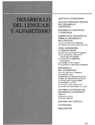 DEL LENGtL
Y ALFABETISMi
¿QUÉ ES EL ALFABETISMO?
ALGUNOS PRINCIPIOS BÁSICOS
DEL DESARROLLO
LINGÜÍSTICO
DESARROLLO LINGÜÍSTICO
Y ENSEÑANZA
PERSPECTIVAS ANTAGÓNICAS
SOBRE EL DESARROLLO
DEL LENGUAJE
Teorías del desarrollo lingüístico
Conciliación de varios puntos de vista
CÓMO APRENDEMOS
A COMUNICARNOS
Métodos de aprendizaje del lenguaje
Teoría del periodo crítico en la
adquisición del lenguaje
Las etapas de la adquisición
del lenguaje
Aprendizaje de dos lenguas
Cómo facilitar el desarrollo lingüístico
DESARROLLO
DEL ALFABETISMO
Lectura y escritura emergentes
Aprendiendo a leer
Componentes del proceso de lectura
Métodos de enseñanza de la lectura
La filosofía del lenguaje global
Aprendiendo a escribir
La escritura como composición
Desarrollo del alfabetismo en el aula
FACTORES CULTURALES DEL
DESARROLLO LINGÜÍSTICO
Dialectos
Lenguaje y cultura
Educación bilingüe
RESUMEN DEL CAPÍTULO
ACTIVIDADES
BIBLIOGRAFÍA
 