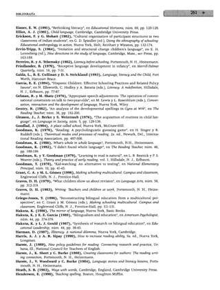 BIBLIOGRAFÍA
Eisner, E. W. (1991), "Rethinking literacy", en Educational Horizons, núm. 69, pp. 120-128.
Elliot, A. J. (1981), Child language, Cambridge, Cambridge University Press.
Erickson, F. y G. Mohatt (1982), "Cultural organization of participant structures in two
classrooms of Indian students", en G. D. Spindler (ed.), Doing the ethnography of schooling:
Educational anthropology in action, Nueva York, Holt, Reinhart y Winston, pp. 132-174.
Ervin-Tripp, S. (1964), "Imitation and structural change children's language", en E. H.
Lenneberg (ed.), New directions in the study of language, Cambridge, Mass., mit Press, pp.
163-189.
Ferreiro, R. y A. Teberosky (1982), Literacy beforeschooling, Portsmouth, N. H., Heinemann.
Friedlander, B. (1970), "Receptive language development in infancy", en Merrill-Palmer
Quarterly, núm. 16, pp. 7-51.
Galda, L., B. E. Cullinan y D. S. Strickland (1993), Language, literacy and the Child, Fort
Worth, Harcourt Brace.
García, E. E. (1994), "Hispanic Children: Effective Schooling Practices and Related Policy
Issues", en N. Ellsworth, C. Hedley y A. Baratta (eds.), Literacy: A redefvnition, Hillsdale,
N. J., Erlbaum, pp. 77-87.
Gelman, R. y M. Shatz (1976), "Appropiate speech adjustments: The operation of conver-
sational constraints on talk to two-year-olds", en M. Lewis y L. Rosenblum (eds.), Conver-
sation, interaction and the development of language, Nueva York, Wiley.
Gentry, R. (1982), "An analysis of the developmental spellings in Gyns at Wrk", en The
Reading leacher, núm. 36, pp. 192-200.
Gleason, J., J. Berko y S. Weintiaub (1976), "The acquisition of routines in child lan
guage", en Language in Society, núm. 5, pp. 129-136.
Goodlad, J. (1984), A place cálled school, Nueva York, McGraw-Hill.
Goodman, K. (1976), "Reading: A psycholinguistic guessing game", en H. Singer y R.
Ruddell (eds.), Theoreticál modes andprocesses of reading, 2a. ed., Newark, Del., Interna-
tional Reading Association, pp. 497-508.
Goodman, K. (1986), What's whole in whole language?, Portsmouth, N.H., Heinemann.
Goodman, K. (1992), "I didn't found whole language", en The Reading Teacher, núm. 46,
pp. 188-199.
Goodman, K. y Y. Goodman (1979), "Learning to read is natural", en L. B. Resnick y P. S.
Weaver (eds.), Theory andpractice of early reading, vol. 1, Hillsdale, N. J., Erlbaum.
Goodman, Y. (1978), "Kid-watching: An alternative to testing", en National Elementan/
Principal, núm. 10, pp. 41-45.
Grant, C. A. y M. L. Gómez (1996), Máking schooling multicultural: Campus and classroom,
Englewood Cliffs, N. J., Prentice-Hall.
Graves, D. H. (1979), "What children show us about revisión", en Language Árts, núm. 56,
pp. 312-319.
Graves, D. H. (1983), Writing: Tbachers and children at work, Portsmouth, N. H., Heine
mann.
Griego-Jones, T. (1996), "Reconstructing bilingual education from a multicultural per-
spective", en C. Grant y M. Gómez (eds.), Máking schooling multicultural: Campus and
classroom, Englewood Cliffs, N. J., Prentice-Hall, pp. 111-131.
Hakuta, K. (1986), The mirror of language, Nueva York, Basic Books.
Hakuta, K. y E. E. García (1989), "Bilingualism and education", en American Psychologist,
núm. 44, pp. 374-379.
Hakuta, K. y L. J. Gould (1987), "Synthesis of research on bilingual education", en Edu
cational Leade.rsh.vp, núm. 44, pp. 38-45.
Harman, D. (1987), Ittiteracy: A national dilemma, Nueva York, Cambridge.
Harri8, A. J. y A. R. Sipay (1990), How to increase reading ability, 9a. ed., Nueva York,
Longman.
Harste, J. (1989), New policy guidelines for reading. Connecting research and practice, Ur
bana, 111., National Council for Teachers of English.
Harste, J., K. Short y C. Burke (1988), Creating classrooms for authors: The reading writ
ing connection, Portsmouth, N. H., Heinemann.
Harste, J., V. Woodward y C. Burke (1984), Language stories and literacy lessons, Ports
mouth, N. H., Heinemann.
Heath, S. B. (1983), Wdys with words, Cambridge, England, Cambridge University Press.
Henderson, E. (1990), Teaching spelling, Bostón, Houghton Mifflin.
 