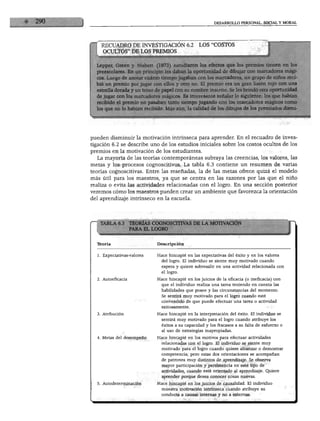 DESARROLLO PERSONAL, SOCIAL Y MORAL
RECUADRO DE INVESTIGACIÓN 6.2 LOS "COSTOS
OCULTOS" DE LOS PREMIOS
Lepper, Green y Nisbett (1973) estudiaron los efectos que los premios tienen en los
preescolares. En un principio les daban la oportunidad de dibujar con marcadores mági
cos. Luego de anotar cuánto tiempo jugaban con los marcadores, un grupo de niños reci
bió un premio por jugar con ellos y otro no. El premio era un gran listón rojo con una
estrella dorada y un trozo de papel con su nombre inscrito. Se les brindó otra oportunidad
de jugar con los marcadores mágicos. Es interesante señalar lo siguiente: los que habían
" ido el premio no pasaban tanto tiempo jugando con los marcadores mágicos como
--^miados dismi-
p