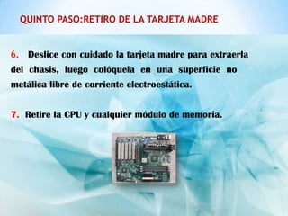 QUINTO PASO:RETIRO DE LA TARJETA MADRE


6. Deslice con cuidado la tarjeta madre para extraerla
del chasis, luego colóquela en una superficie no
metálica libre de corriente electroestática.


7. Retire la CPU y cualquier módulo de memoria.
 