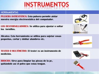 INSTRUMENTOS
HERRAMIENTAS
PULSERA ANTIESTÁTICA: Esta pulsera permite aislar
nuestra energía electroestática del computador.

LOS DESTORNILLADORES: Se utiliza para ajustar o soltar
los tornillos.

Alicates: Esta herramienta se utiliza para sujetar cosas
pequeñas, cortar y doblar alambres etc.



TESTER O MULTÍMETRO: El tester es un instrumento de
medición.

BROCHA: Sirve para limpiar las piezas de la pc,
quitándole así el polvo que estas tengan.
 