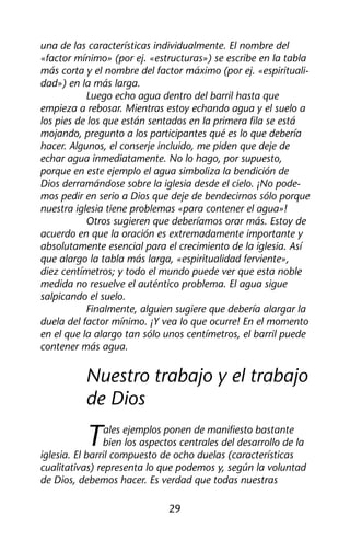 una de las características individualmente. El nombre del 
«factor mínimo» (por ej. «estructuras») se escribe en la tabla 
más corta y el nombre del factor máximo (por ej. «espirituali-dad 
29 
») en la más larga. 
Luego echo agua dentro del barril hasta que 
empieza a rebosar. Mientras estoy echando agua y el suelo a 
los pies de los que están sentados en la primera fila se está 
mojando, pregunto a los participantes qué es lo que debería 
hacer. Algunos, el conserje incluido, me piden que deje de 
echar agua inmediatamente. No lo hago, por supuesto, 
porque en este ejemplo el agua simboliza la bendición de 
Dios derramándose sobre la iglesia desde el cielo. ¡No pode-mos 
pedir en serio a Dios que deje de bendecirnos sólo porque 
nuestra iglesia tiene problemas «para contener el agua»! 
Otros sugieren que deberíamos orar más. Estoy de 
acuerdo en que la oración es extremadamente importante y 
absolutamente esencial para el crecimiento de la iglesia. Así 
que alargo la tabla más larga, «espiritualidad ferviente», 
diez centímetros; y todo el mundo puede ver que esta noble 
medida no resuelve el auténtico problema. El agua sigue 
salpicando el suelo. 
Finalmente, alguien sugiere que debería alargar la 
duela del factor mínimo. ¡Y vea lo que ocurre! En el momento 
en el que la alargo tan sólo unos centímetros, el barril puede 
contener más agua. 
Nuestro trabajo y el trabajo 
de Dios 
Tales ejemplos ponen de manifiesto bastante 
bien los aspectos centrales del desarrollo de la 
iglesia. El barril compuesto de ocho duelas (características 
cualitativas) representa lo que podemos y, según la voluntad 
de Dios, debemos hacer. Es verdad que todas nuestras 
 