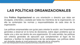 LAS POLÍTICAS ORGANIZACIONALES
Una Política Organizacional es una orientación o directriz que debe ser
divulgada, entendida y acatada por todos los miembros de la organización, en
ella se contemplan las normas y responsabilidades de cada área de la
organización.
Las políticas empresariales son guías para orientar la acción; son lineamientos
generales a observar en la toma de decisiones, sobre algún problema que se
repite una y otra vez dentro de una organización. En este sentido, las políticas
son criterios generales de ejecución que complementan el logro de los
objetivos y facilitan la implementación de las estrategias. Las políticas deben
ser dictadas desde el nivel jerárquico más alto de la compañía.
Fuente: https://www.gestiopolis.com/politica-organizacional-concepto-y-esquema-en-la-empresa/
 
