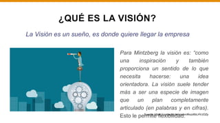 ¿QUÉ ES LA VISIÓN?
Para Mintzberg la visión es: “como
una inspiración y también
proporciona un sentido de lo que
necesita hacerse: una idea
orientadora. La visión suele tender
más a ser una especie de imagen
que un plan completamente
articulado (en palabras y en cifras).
Esto le permite flexibilidad.
La Visión es un sueño, es donde quiere llegar la empresa
Fuente: https://concepto.de/mision/#ixzz6bLHVJOZp
 