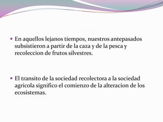  En aquellos lejanos tiempos, nuestros antepasados
  subsistieron a partir de la caza y de la pesca y
  recoleccion de frutos silvestres.



 El transito de la sociedad recolectora a la sociedad
  agricola significo el comienzo de la alteracion de los
  ecosistemas.
 