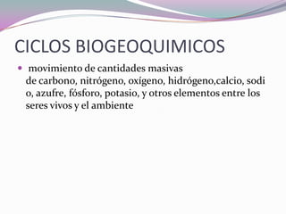 CICLOS BIOGEOQUIMICOS
 movimiento de cantidades masivas
 de carbono, nitrógeno, oxígeno, hidrógeno,calcio, sodi
 o, azufre, fósforo, potasio, y otros elementos entre los
 seres vivos y el ambiente
 