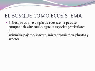 EL BOSQUE COMO ECOSISTEMA
 El bosque es un ejemplo de ecosistema pues se
 compone de aire, suelo, agua, y especies particulares
 de
 animales, pajaros, insecto, microorganismos, plantas y
 arboles.
 