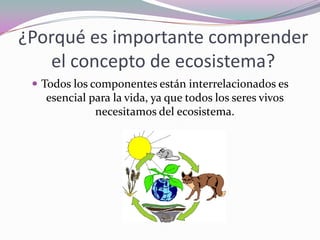 ¿Porqué es importante comprender
   el concepto de ecosistema?
  Todos los componentes están interrelacionados es
   esencial para la vida, ya que todos los seres vivos
             necesitamos del ecosistema.
 