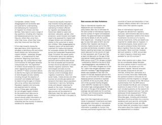 Uprooted >> Appendices 115
APPENDIX I A CALL FOR BETTER DATA
Comparable, reliable, timely,
disaggregated and accessible data
are essential for understanding
and addressing the implications
of migration for children and their
families. Data need to cover a range of
key questions, including who migrants
and displaced persons are, how old
they are, where they come from,
when they move, where they move,
why they move and how they fare.
A first step towards closing the
data gaps about child migrants and
refugees is identifying who and where
those children are. Accounting for
migrant children – especially refugee
children – is fundamental for their
protection. Beginning more than a
decade ago, the United Nations High
Commissioner for Refugees declared
unequivocally that “the registration
of children should always be a priority
when registering persons of concern
to UNHCR.”264
More consistent efforts
to identify the origins and destinations
of child refugees are also needed,
including through the adoption of
consistent and reliable techniques
for determining the ages of children
who arrive without documentation.
Population registers and censuses
are essential tools for closing
some of these gaps, particularly
for non-refugee migrant children.
As the predominant data source
on international migration, every
census should collect information on
the country of birth, the country of
citizenship and the country of previous
residence for respondents.
A second and equally important
step towards closing data gaps is
improving information about the
well-being of children affected
by migration and displacement.
Outcomes related to water and
sanitation, education, gender, child
protection, social inclusion and health
need to be assessed for migrant and
refugee children and considered in
relation to the outcomes to native-
born children. Data disaggregated by
migratory status will be particularly
important for measuring progress
for vulnerable children and families
across the Sustainable Development
Goals. To bolster the overall quality
of information about the well-being
and progress of migrant children,
pertinent administrative data should
be more accessible and household
surveys should be adjusted to include
relevant migration questions. New
technologies and data sources
also have tremendous potential to
improve current knowledge about
migration movements. Data from
social media, mobile phones and other
sources can provide geo-spatial and
temporal information about population
movements in real time, facilitating
timely and relevant responses for
people on the move. Continued
investment in both new and traditional
data sources will be essential to
effectively meet the rights and needs
of children and families in the years to
come.
Data sources and data limitations
Data on international migration and
displacement are incomplete and
policymakers often rely on estimates for
the total number of international migrants
and the number of migrant and displaced
children. No global estimates are available
with the full details of who the world’s
child migrants are – including not just their
age, but also their place of birth, sex and
whether their migration was forced or
voluntary. Eighty-one per cent of the 232
countries and territories included in United
Nations reporting had at least one relatively
recent data point on the country of origin
for their population, and 75 per cent had
at least one data point on the age of their
international migrant population since the
2000 census round.265
For refugee numbers
– published by UNHCR at the end of 2015
– age-disaggregation was available for 58
per cent or 10.9 million refugees (out of the
16.1 million total refugee population under
UNHCR’s mandate).266
Age-disaggregated
details were available for less than one-
quarter of internally displaced persons (8.4
million out of the total 37.5 million internally
displaced persons protected or assisted
by UNHCR). At the country level, 29 per
cent of the countries hosting refugees
under UNHCR’s mandate had no reliable
information (age coverage greater than 50
per cent) on the age of the refugees.The age
coverage was particularly low for countries
in Europe, Latin America and the Caribbean,
Northern America and Oceania.
Apart from the magnitude and recent
trends in population movements and basic
demographic information of international
migrants, even less globally comparable
information is available to monitor how
voluntary and forced migrants fare in their
countries of transit and destination or how
migration affects children left in the care of
others when their parents migrate.
Data on international migrants and
refugees are derived from registers,
censuses, administrative data and surveys.
Population registration systems that record
movements into and out of a country,
internal movements, births and deaths are
essential for reliable data on migration. If
maintained properly, these systems can
be used to produce timely information
about migration flows by origin, age, sex
and location. Most countries, however,
lack such systems: in 2015, annual data
on recent migratory movements were
available for just 23 countries.267
Even when systems are in place, there
can be considerable delays between
the time a person enters a country and
the time he or she shows up in the
population register. National censuses
are typically conducted at ten-year
intervals, limiting their usefulness as a
source of timely trend data. Additionally,
the questions asked in censuses do not
necessarily prioritize migration or refugee
movements. An analysis of the 150 census
questionnaires from the 2010 census
round revealed that 80 per cent contained
questions on place of birth, but only 17 per
cent included questions on the reasons for
international migration and just 7 per cent
addressed forced displacement.268
Other
data sources can play a valuable role in
filling data gaps, including administrative
data about first-time arrivals into a country,
residence and work permits, and border
surveys. Household surveys can offer
further detail still, providing more in-depth
information about the impact of migration
and displacement on children.
 