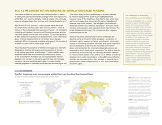 Uprooted >> 1 | The Global Perspective 33
Even when children do not cross their national borders in search
of safety, they can face tremendous danger while seeking security
within their own country. Notably, nearly all people who eventually
become refugees begin their journeys with internal displacement.38
By the end of 2015, some 41 million people were displaced
by violence and conflict within their own countries – nearly 9
million of them displaced that year alone (Figure 1.14). Disasters
including earthquakes, tsunamis and flooding uprooted another
19 million people within their own borders.39
Like many aspects
of data related to migration and displacement, most information
about internal displacements is not broken down by age,
making it difficult to provide a reliable estimate of the number of
children included within these larger totals.40
Assuming that the proportion of children among persons internally
displaced by violence is the same as the proportion of children
in the national population, an estimated 17 million children were
displaced within their own countries by violence and conflict
at the end of 2015.41
If children are over-represented in internal
displacement numbers in the same way that they are in refugee
numbers, that total would be even higher. Including children
internally displaced by disasters would send the number higher still.
This report does not focus extensively on children affected
by internal displacement, but they are highlighted here
because many of the challenges that children face when they
are forced to leave their homes are the same, regardless of
whether they cross borders. Like refugees, many internally
displaced children face violence, exploitation, disrupted social
services and education, and separation from their families.The
longer displacements linger, the more lasting their negative
consequences can be.
Most of the policy prescriptions for these challenges are
also the same as those for child refugees – protection of
children’s rights, support for family reunification, continued
access to schooling and other services, and equal treatment
and consideration under the law. Accurate information
about, and protection for, internally displaced persons are
essential to all of these policy responses. The lack of specific
protections and monitoring for internally displaced persons
in most contexts leaves many of the worst effects of internal
displacement under-reported and under-addressed. Whether
children are uprooted within their borders or beyond them,
governments have a responsibility to fulfil both their needs
and their rights.
The Challenges of Estimating
Internal Displacement for Children
Limited age-disaggregated data are available
regarding the ages of internally displaced
persons. In the few countries where this
information is available, there is not a clear
trend to support reliable global estimates.
Consider the examples of Haiti and Nigeria:42
in Haiti, roughly one-third of the people still
internally displaced from the 2010 earthquake
are children. This is notably lower than
the percentage of children in the overall
population. In Nigeria, by contrast, data
indicate that more than half of internally
displaced persons are children. This number
falls squarely between the percentage of
children in the general population and the
percentage of children in the Nigerian refugee
population abroad.43
Each case supports a
different set of assumptions for compiling
a global estimate, making it challenging to
produce a reliable global total for internally
displaced children.
Conflict displaces even more people within their own borders than beyond them
Number of conflict-related internally displaced persons, 2015 Note: Based on the Internal Displacement
Monitoring Centre's annual monitoring of
internal displacement, Colombia remains
among the five countries with the highest
number of people displaced by conflict.
While internal displacement is a major issue
within Colombia, the available data reflect
all people who were estimated to have
been displaced over the course of more
than five decades of conflict, even if they
are deceased or no longer believed to be
displaced, meaning the estimates are likely
to be significantly overstated. These data
should be interpreted with caution.
Source: Internal Displacement Monitoring
Centre, Global Internal Displacement
Database, 2015
This map does not reflect a position by UNICEF on
the legal status of any country or territory or the
delimitation of any frontiers.The dotted line rep-
resents approximately the Line of Control in Jammu
and Kashmir agreed upon by India and Pakistan.
The final status of Jammu and Kashmir has not yet
been agreed upon by the parties.The final boundary
between the Sudan and South Sudan has not yet
been determined.The final status of the Abyei area
has not yet been determined.
FIGURE 1.14
BOX 1.2 IN DANGER WITHIN BORDERS: INTERNALLY DISPLACED PERSONS
The bubble size indicates
the number of
internally displaced
persons
(in millions)
Countries with people internally
displaced by conflict and violence
7 million
3 million
1 million
 