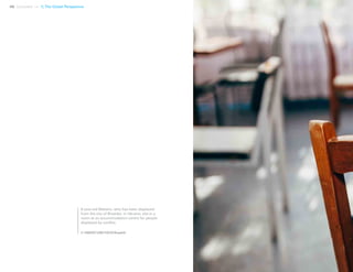 48 Uprooted >> 1| The Global Perspective
6-year-old Maksim, who has been displaced
from the city of Bryanka, in Ukraine, sits in a
room at an accommodation centre for people
displaced by conflict.
© UNICEF/UNI172570/Krepkih
 