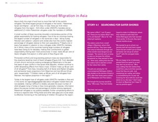 78 Uprooted >> Regional Perspective 4| Asia
Asia is both the origin of and host to more than half of the world’s
refugees. The three largest groups of refugees in the world – Palestinian,
Syrian and Afghan – are all from Asia. In total, there are 14.8 million
refugees from the region – 9.6 million under UNHCR’s mandate and an
additional 5.2 million Palestinian refugees under the mandate of UNRWA.
A small number of Asian countries shoulder a tremendous portion of the
global responsibility for hosting refugees. Five of the six countries hosting
the largest number of refugees in the world are in Asia – led by Turkey,
Pakistan and Lebanon. Lebanon and Jordan also host the world’s highest
percentage of refugees relative to their own populations.168
Nearly one in
every five people in Lebanon is now a refugee under UNHCR’s mandate.
As in Africa, many of the countries hosting large numbers of refugees
have been doing so for decades, making their contributions to global
responsibility sharing even more pronounced. In total, nearly 90 per cent of
Asia’s refugees find asylum in other parts of Asia (Figure 4.8).
Protracted conflicts and long-standing political crises are responsible for
the situations faced by most of Asia’s refugees (Figure 4.6). From decades
of both chronic and acute violence endangering Palestinians to the past
five years of open conflict in the Syrian Arab Republic, children continue to
suffer devastating effects from Asia’s crises. Children make up 48 per cent
of all refugees169
from Asia, including half of all Syrian and Afghan refugees,
and somewhat lower proportions from Myanmar and Iraq (40 and 34 per
cent, respectively).170
Children make up 58 per cent of all refugees from
Pakistan, the highest proportion in the region.171
Turkey is the largest host of refugees under UNHCR’s mandate in Asia and
in the world, but age-disaggregated data about refugees hosted there are
not available, making it difficult to reliably calculate the exact number of
child refugees living in Turkey or Asia more generally. Likewise, information
about the precise number and percentage of children among registered
Palestinian refugees is not publicly available, further complicating efforts to
arrive at a regional total. Filling these and other data gaps are crucial steps
to effective monitoring of the well-being of children throughout the region.
Displacement and Forced Migration in Asia
“My name is Mira*, I am 15 years
old. These are my sisters Alma* who
is 14, and Seemal*. She is 13,” the
oldest girl explains.
The sisters come from a small
village in Myanmar, where their
parents still live. They have made
their way to Indonesia through one
of the world’s most dangerous sea
voyages. “Our parents sent us away
to save us, because the military
threatened us, they wanted to rape
us,” Alma says, adding that she and
her sisters had to abandon school
for fear about their safety.
The girls are among the 112
unaccompanied Rohingya children
who landed on the shores of Aceh in
2015, after their boats were pushed
out of Malaysian and Thai waters.
“We thought the journey would be
easy,” Mira says. They had initially
hoped to make it to Malaysia, where
they wanted to seek help from
fellow Rohingyas who had reached
there earlier. In the end, they spent
several months at sea.
“We wanted to go to school, our
parents said we must have a good
future but we couldn’t go to school
[at home]. Can we go to school
here?” asks the youngest sister,
Seemal.
“We are happy to be in Indonesia,
people [here] are good to us and
they don’t try to hurt us,” Mira
says, adding that she wishes they
could find a way to let their parents
know that they are safe. Just
mentioning her mother and father
is overwhelming the 15-year old.
Covering her face with her scarf she
starts to cry, she says “I don’t want
to return to Myanmar but I hope I’ll
see my parents again.”
STORY 4.1 SEARCHING FOR SAFER SHORES
*Not their real names
A young girl holds a railing outside her family’s
partially destroyed home in Gaza City.
© UNICEF/UNI188295/El Baba
 