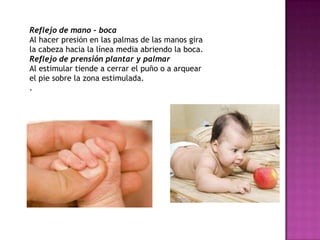 Reflejo de mano - boca
Al hacer presión en las palmas de las manos gira
la cabeza hacia la línea media abriendo la boca.
Reflejo de prensión plantar y palmar
Al estimular tiende a cerrar el puño o a arquear
el pie sobre la zona estimulada.
.
 