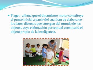  Piaget ; afirma que el dinamismo motor constituye
 el punto inicial a partir del cual han de elaborarse
 los datos diversos que emergen del mundo de los
 objetos, cuya elaboración perceptual constituirá el
 objeto propio de la inteligencia.
 