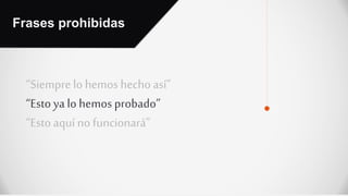 “Siempre lo hemos hecho así”
“Esto ya lo hemos probado”
“Esto aquí no funcionará”
Frases prohibidas
 