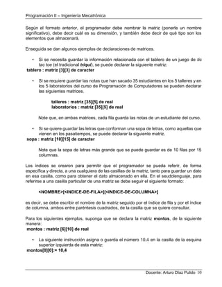 Programación II – Ingeniería Mecatrónica
Docente: Arturo Díaz Pulido 10
Según el formato anterior, el programador debe nombrar la matriz (ponerle un nombre
significativo), debe decir cuál es su dimensión, y también debe decir de qué tipo son los
elementos que almacenará.
Enseguida se dan algunos ejemplos de declaraciones de matrices.
• Si se necesita guardar la información relacionada con el tablero de un juego de tic
tac toe (el tradicional triqui), se puede declarar la siguiente matriz:
tablero : matriz [3][3] de caracter
• Si se requiere guardar las notas que han sacado 35 estudiantes en los 5 talleres y en
los 5 laboratorios del curso de Programación de Computadores se pueden declarar
las siguientes matrices.
talleres : matriz [35][5] de real
laboratorios : matriz [35][5] de real
Note que, en ambas matrices, cada fila guarda las notas de un estudiante del curso.
• Si se quiere guardar las letras que conforman una sopa de letras, como aquellas que
vienen en los pasatiempos, se puede declarar la siguiente matriz.
sopa : matriz [10][15] de caracter
Note que la sopa de letras más grande que se puede guardar es de 10 filas por 15
columnas.
Los índices se crearon para permitir que el programador se pueda referir, de forma
específica y directa, a una cualquiera de las casillas de la matriz, tanto para guardar un dato
en esa casilla, como para obtener el dato almacenado en ella. En el seudolenguaje, para
referirse a una casilla particular de una matriz se debe seguir el siguiente formato:
<NOMBRE>[<INDICE-DE-FILA>][<INDICE-DE-COLUMNA>]
es decir, se debe escribir el nombre de la matriz seguido por el índice de fila y por el índice
de columna, ambos entre paréntesis cuadrados, de la casilla que se quiere consultar.
Para los siguientes ejemplos, suponga que se declara la matriz montos, de la siguiente
manera:
montos : matriz [6][10] de real
• La siguiente instrucción asigna o guarda el número 10,4 en la casilla de la esquina
superior izquierda de esta matriz:
montos[0][0]:= 10,4
 