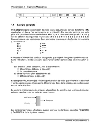 Programación II – Ingeniería Mecatrónica
Docente: Arturo Díaz Pulido 3
100 550 550 550 550 550
0 1 2 3 4 5 6 7 8 9
1.1 Ejemplo completo
Un histograma para una colección de datos es una secuencia de parejas de la forma (d,f),
donde d es un dato y f es su frecuencia en la colección. Por ejemplo, suponga que se le
pide a 20 personas calificar con las letras a b c d y e el desempeño del gobierno actual, y
que se obtienen las siguientes respuestas: c b c a b c d e e a b b d c a c c b d a. El
histograma para esta colección de datos se muestra enseguida en dos formas: con números
y con asteriscos:
a: 4 a: ****
b: 5 b: *****
c: 6 c: ******
d: 3 d: *** e:
2 e: **
Considere el problema de construir un algoritmo que haga un histograma para una lista de
hasta 100 valores, donde cada valor es un número entero comprendido en el intervalo 1 al
5.
Las entradas (datos conocidos) para el algoritmo son:
 El número de datos de la colección
 La colección misma
La salida esperada (dato desconocido) es:
 El histograma de la colección
En este problema, los arreglos son útiles para guardar los datos que conforman la colección
y también para guardar el histograma. El número de datos de la colección se puede guardar
en una variable entera.
La siguiente gráfica resume las entradas y las salidas del algoritmo que se pretende diseñar.
Además, nombra todas las variables mencionadas:
Las condiciones iniciales y finales se pueden expresar mediante dos cláusulas: REQUIERE
y GARANTIZA, de la siguiente manera:
totalDatos
histograma
coleccion
 
