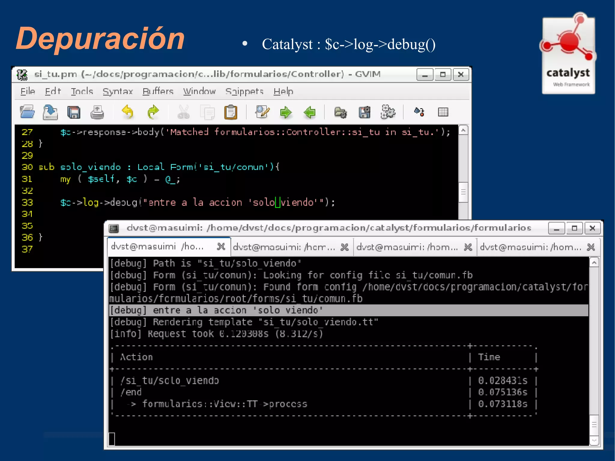 Depuración Catalyst : $c->log->debug() 