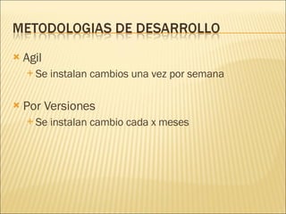 Agil Se instalan cambios una vez por semana Por Versiones Se instalan cambio cada x meses 