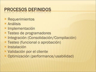 Requerimientos Análisis Implementación Testeo de programadores Integración (Consolidación/Compilación) Testeo (funcional o aprobación) Instalación Validación por el cliente Optimización (performance/usabilidad) 