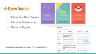 6-Open Source
YOU CAN COLABORATE TO MAKE IT EVEN BETTER!! :D
- Xamarin is Open Source
- Xamarin Components
- Xamarin Plugins
 