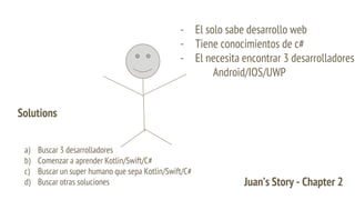 Juan’s Story - Chapter 2
- El solo sabe desarrollo web
- Tiene conocimientos de c#
- El necesita encontrar 3 desarrolladores
Android/IOS/UWP
a) Buscar 3 desarrolladores
b) Comenzar a aprender Kotlin/Swift/C#
c) Buscar un super humano que sepa Kotlin/Swift/C#
d) Buscar otras soluciones
Solutions
 