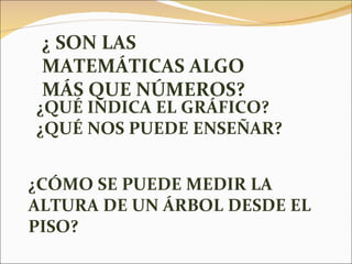 ¿QUÉ INDICA EL GRÁFICO?  ¿QUÉ NOS PUEDE ENSEÑAR? ¿CÓMO SE PUEDE MEDIR LA ALTURA DE UN ÁRBOL DESDE EL PISO? ¿ SON LAS MATEMÁTICAS ALGO MÁS QUE NÚMEROS? 