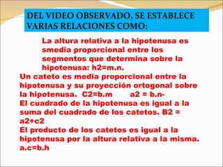 DEL VIDEO OBSERVADO, SE ESTABLECE VARIAS RELACIONES COMO: La altura relativa a la hipotenusa es smedia proporcional entre los segmentos que determina sobre la hipotenusa: h2=m.n. Un cateto es media proporcional entre la hipotenusa y su proyección ortogonal sobre la hipotenusa.  C2=b.m  a2 = b.n- El cuadrado de la hipotenusa es igual a la suma del cuadrado de los catetos. B2 = a2+c2 El producto de los catetos es igual a la hipotenusa por la altura relativa a la misma. a.c=b.h 