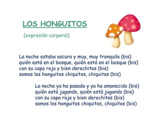 LOS HONGUITOS
  (expresión corporal)



La noche estaba oscura y muy, muy tranquila (bis)
quién está en el bosque, quién está en el bosque (bis)
con su capa roja y bien derechitos (bis)
somos los honguitos chiquitos, chiquitos (bis)

       La noche ya ha pasado y ya ha amanecido (bis)
       quién está jugando, quién está jugando (bis)
       con su capa roja y bien derechitos (bis)
       somos los honguitos chiquitos, chiquitos (bis)
 
