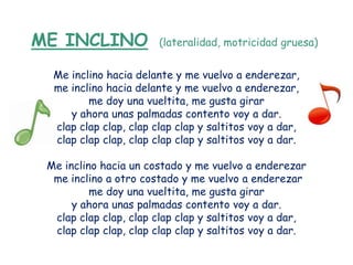 ME INCLINO              (lateralidad, motricidad gruesa)


  Me inclino hacia delante y me vuelvo a enderezar,
  me inclino hacia delante y me vuelvo a enderezar,
         me doy una vueltita, me gusta girar
     y ahora unas palmadas contento voy a dar.
  clap clap clap, clap clap clap y saltitos voy a dar,
  clap clap clap, clap clap clap y saltitos voy a dar.

 Me inclino hacia un costado y me vuelvo a enderezar
  me inclino a otro costado y me vuelvo a enderezar
          me doy una vueltita, me gusta girar
      y ahora unas palmadas contento voy a dar.
  clap clap clap, clap clap clap y saltitos voy a dar,
  clap clap clap, clap clap clap y saltitos voy a dar.
 